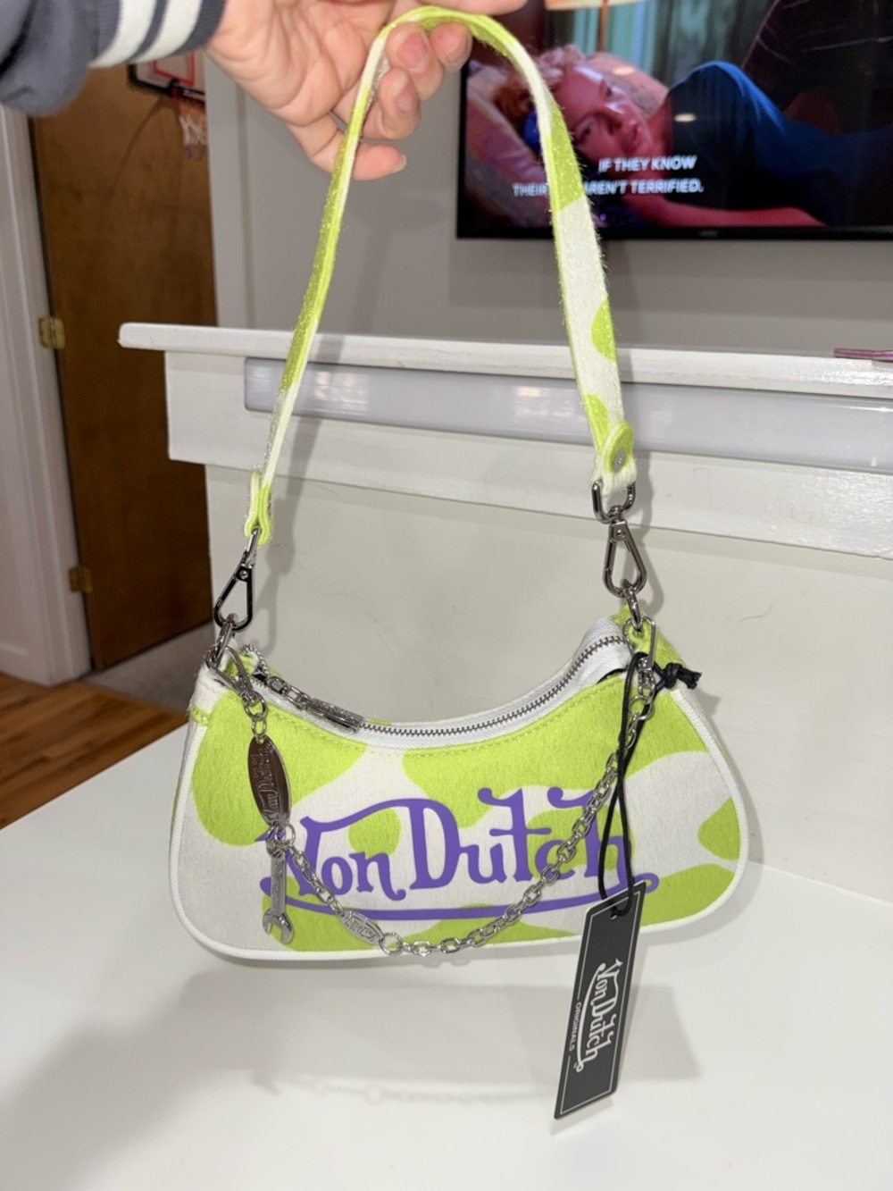 Von Dutch Lime Green White and Purple Mini Shoulder Bag